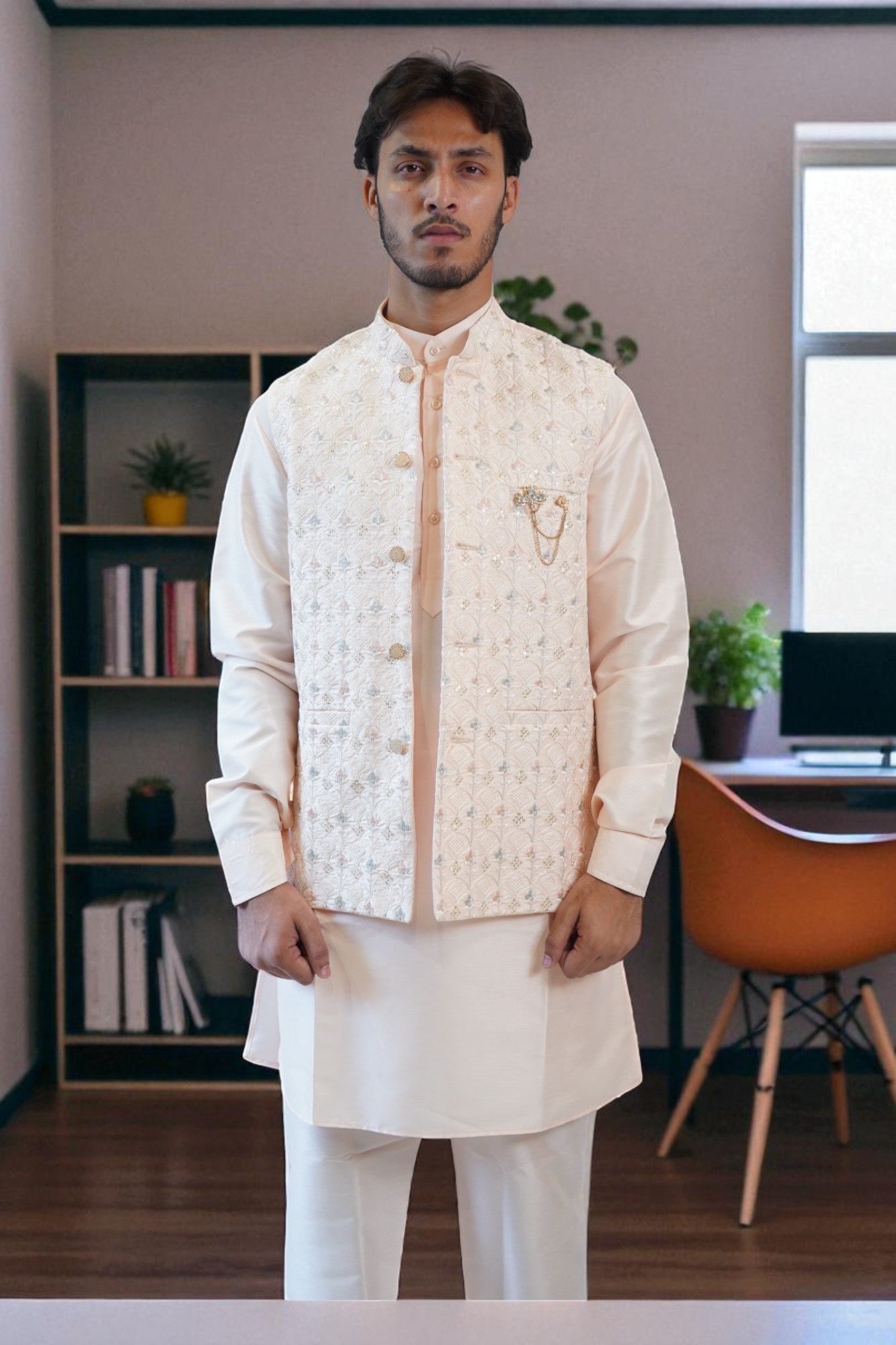 Pink Kurta Pajama Set with Full Embroidered Jacket