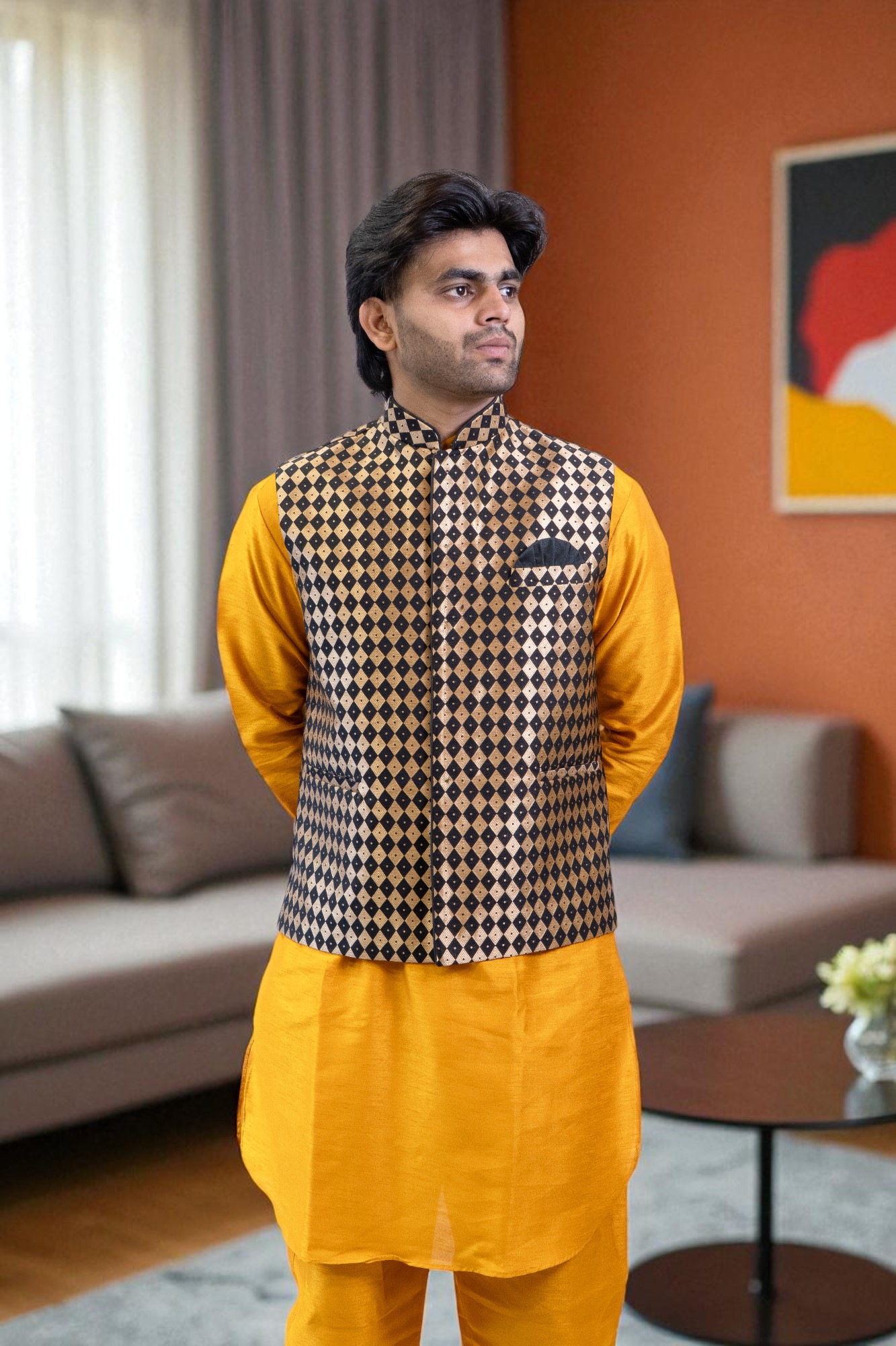 Gold Printed Solid Kurta Pyjama Jacket Set