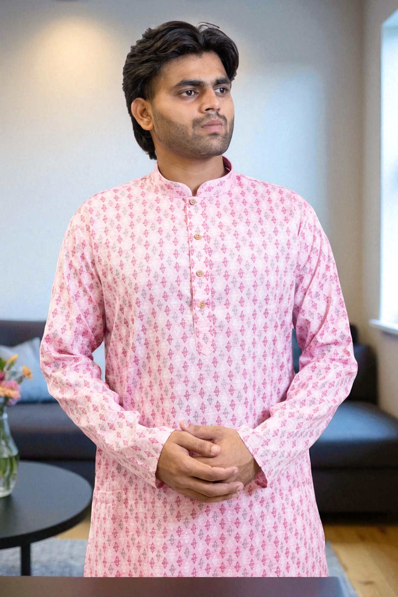 Pink Cotton Print Kurta Pajama Set for men
