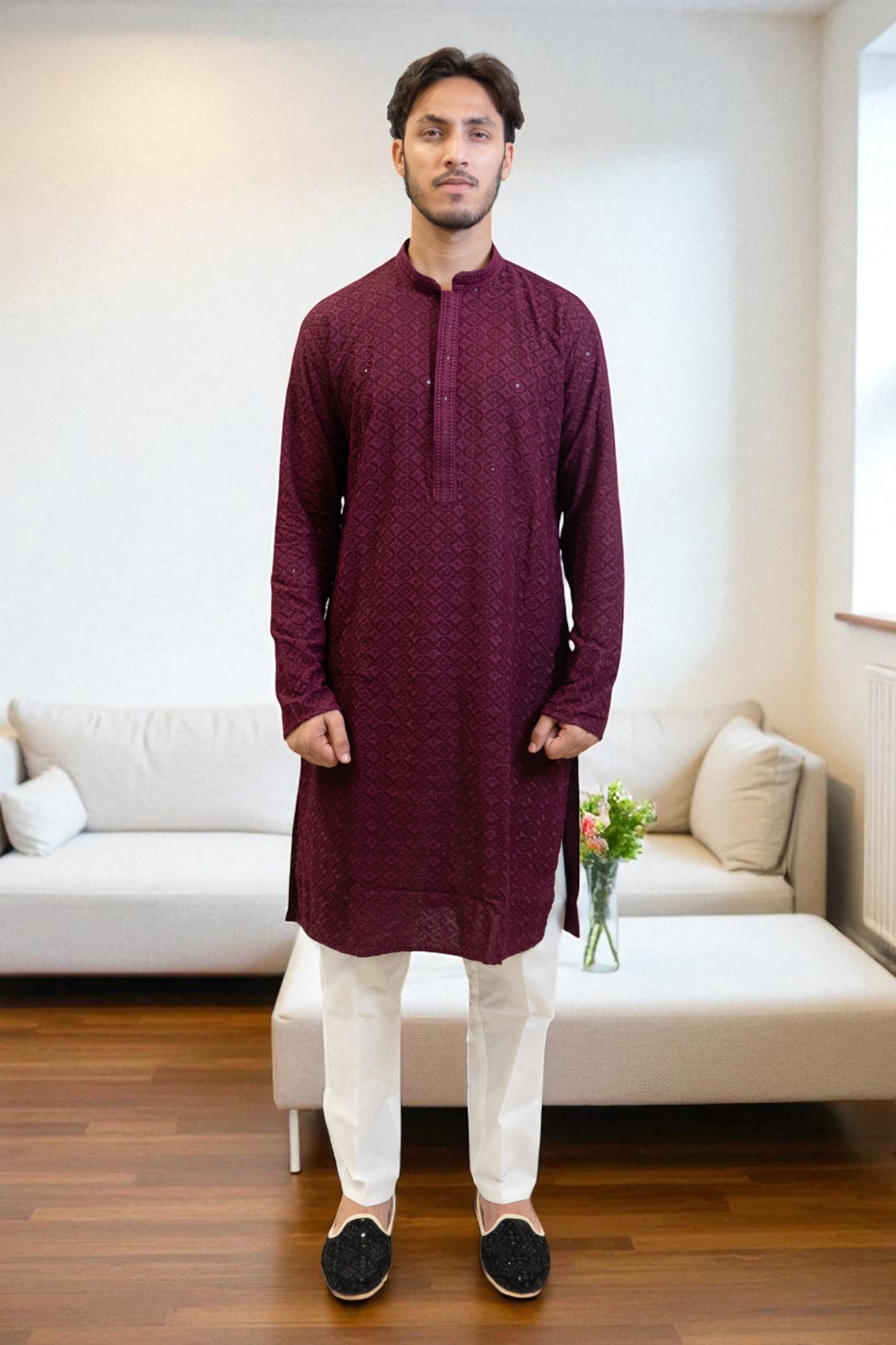 Mehroon Sequin Chikan Kadai Kurta Pajama for men