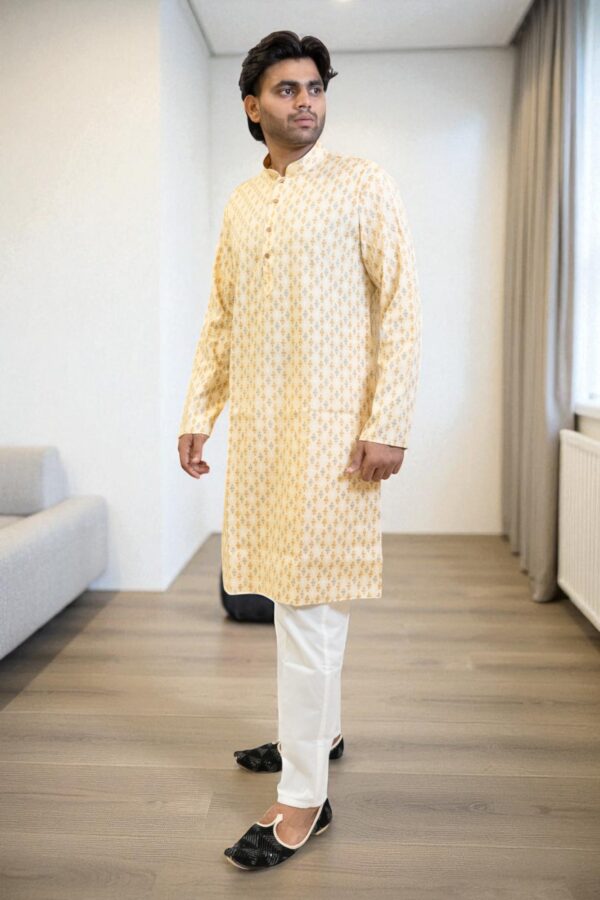 Lemon Color Cotton Print Kurta Pajama Set for men. - Image 2