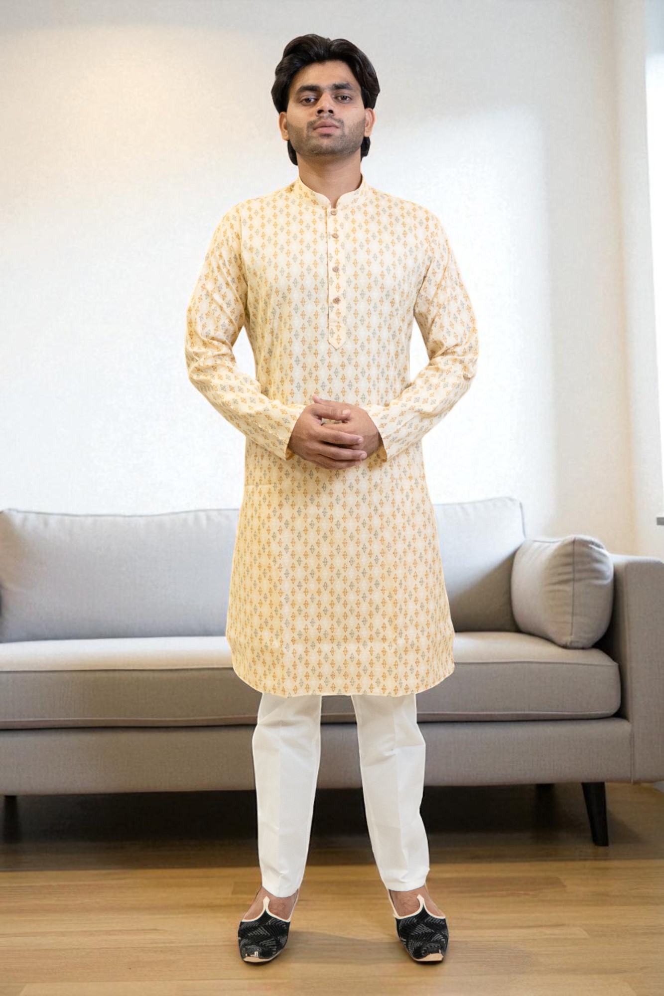 Lemon Color Cotton Print Kurta Pajama Set for men.