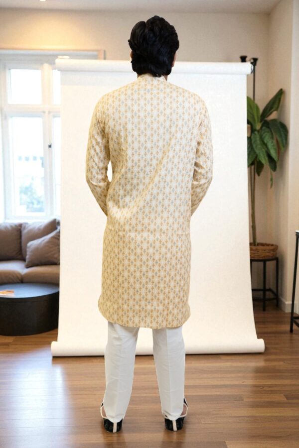 Lemon Color Cotton Print Kurta Pajama Set for men. - Image 4