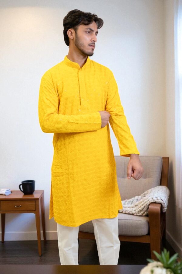 Yellow Sequin Design Kurta Pajama for men - Image 2