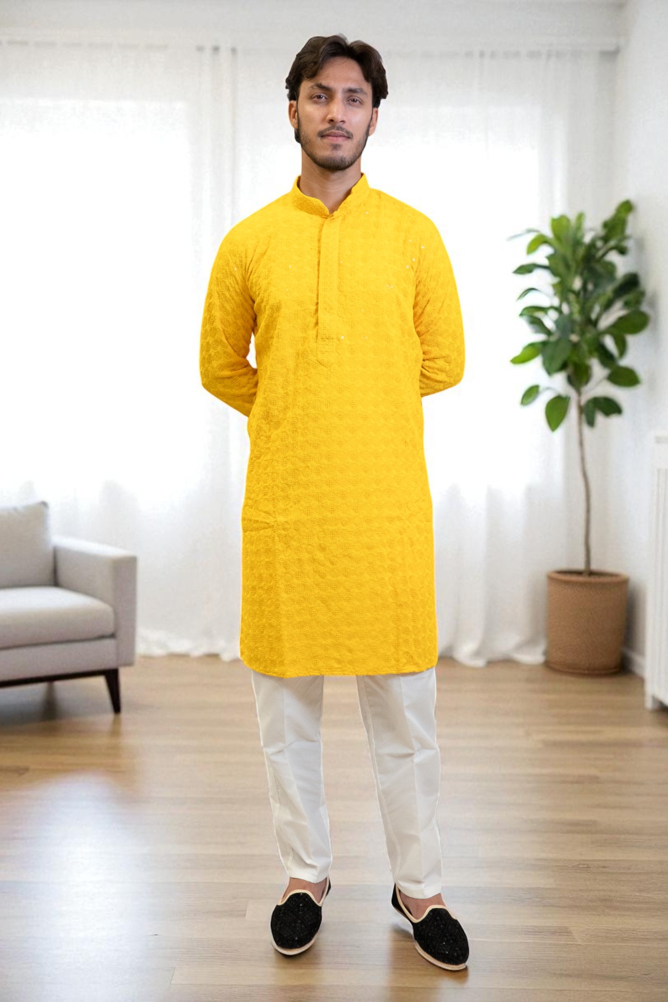 Yellow Sequin Design Kurta Pajama for men