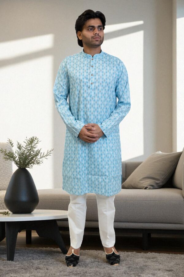 Sky Blue Cotton Print Kurta Pajama Set for men - Image 2