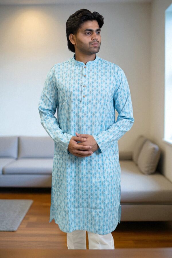 Sky Blue Cotton Print Kurta Pajama Set for men