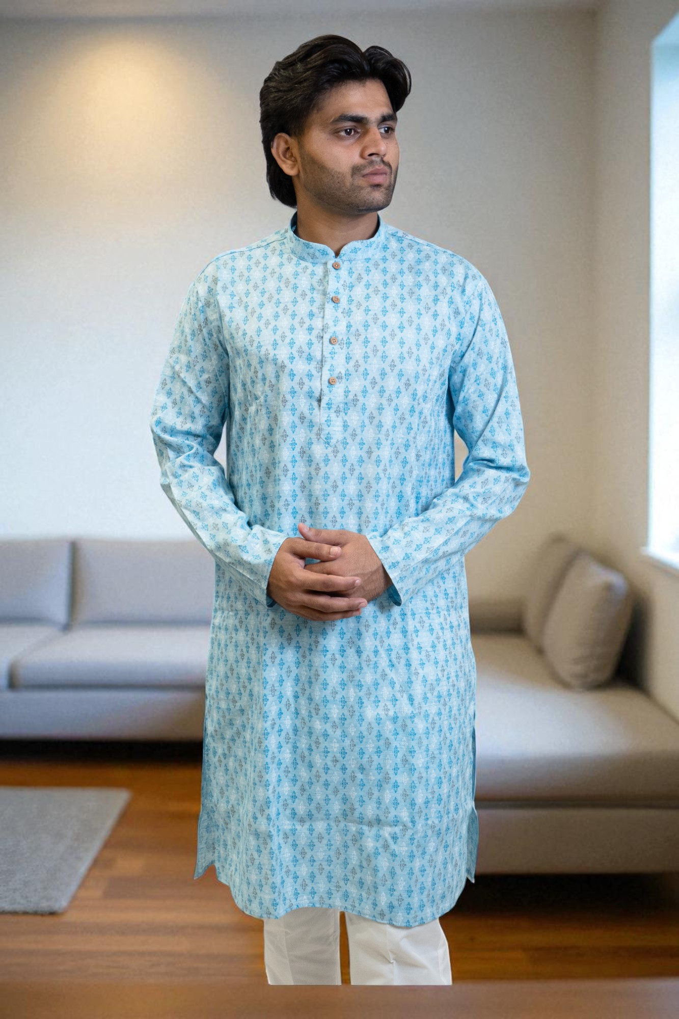 Sky Blue Cotton Print Kurta Pajama Set for men