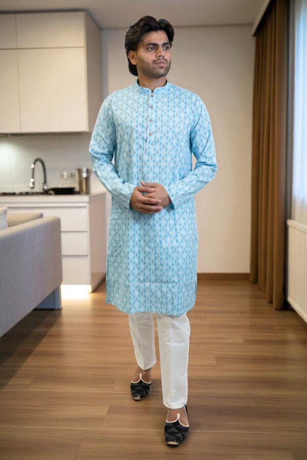 Sky Blue Cotton Print Kurta Pajama Set for men - Image 3