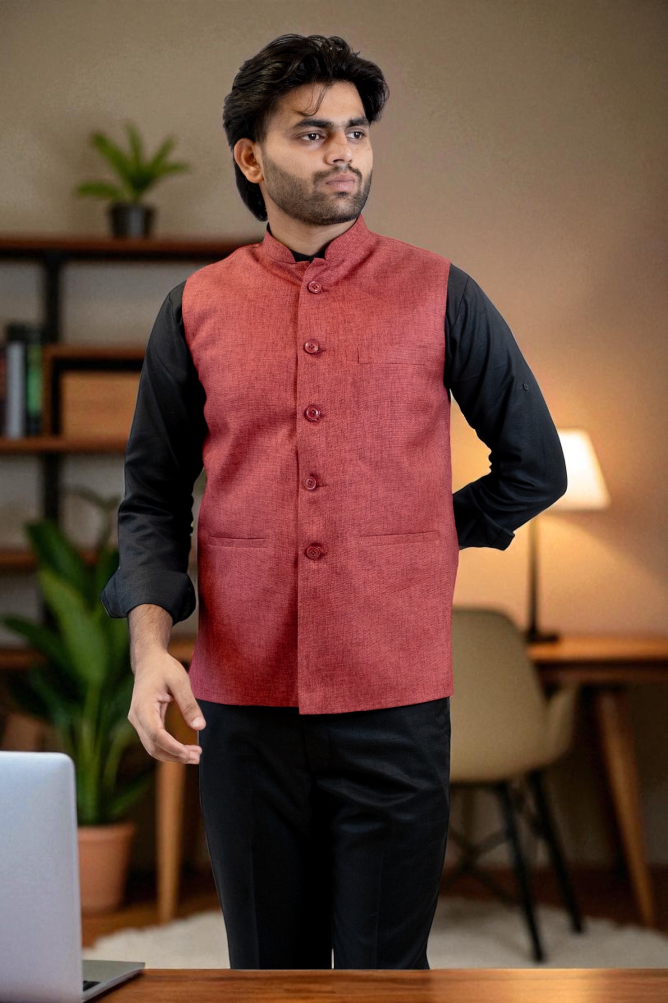 Ethnic wear Nehru Jacket in black linen with mandarin collar