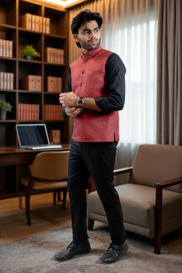Ethnic wear Nehru Jacket in black linen with mandarin collar - Image 2