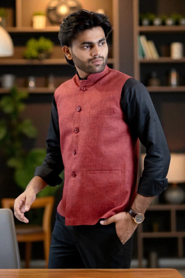 Ethnic wear Nehru Jacket in black linen with mandarin collar - Image 3
