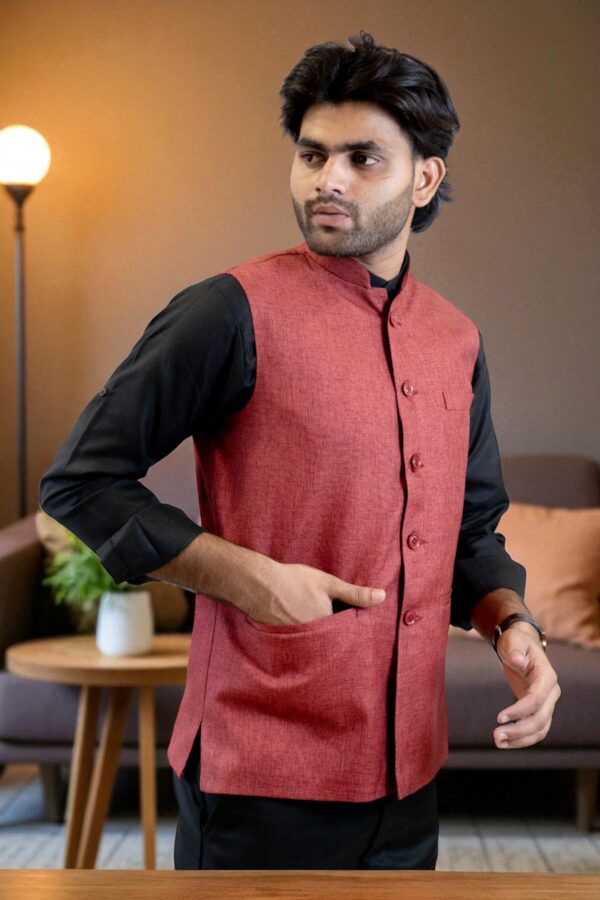 Ethnic wear Nehru Jacket in black linen with mandarin collar - Image 4