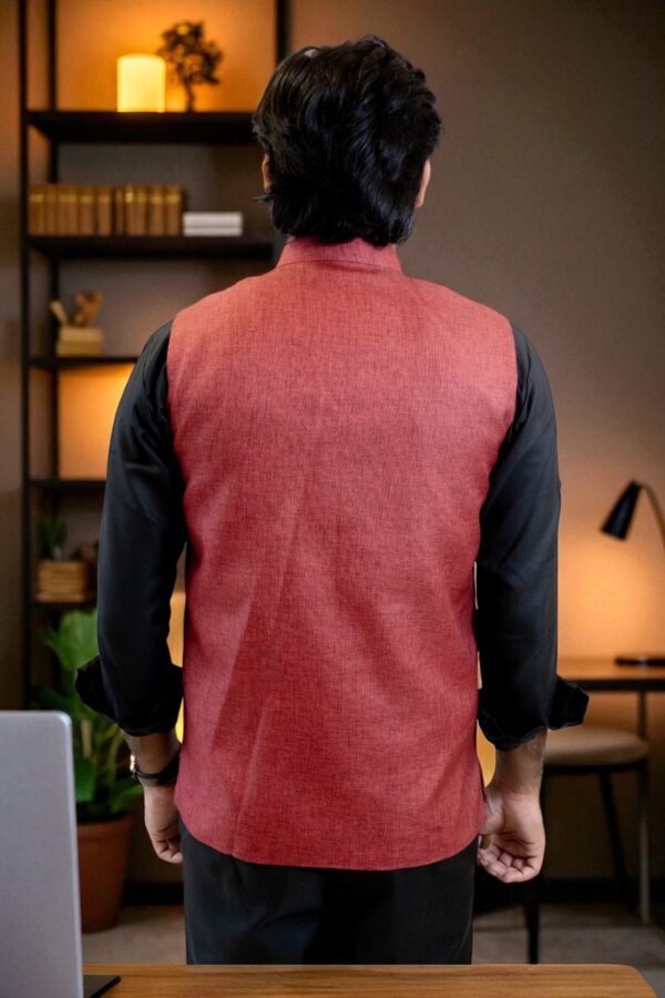 Ethnic wear Nehru Jacket in black linen with mandarin collar - Image 5
