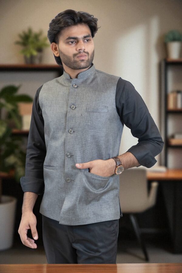 Silver Grey Nehru Jacket for men made from linen-cotton fabric - Image 2