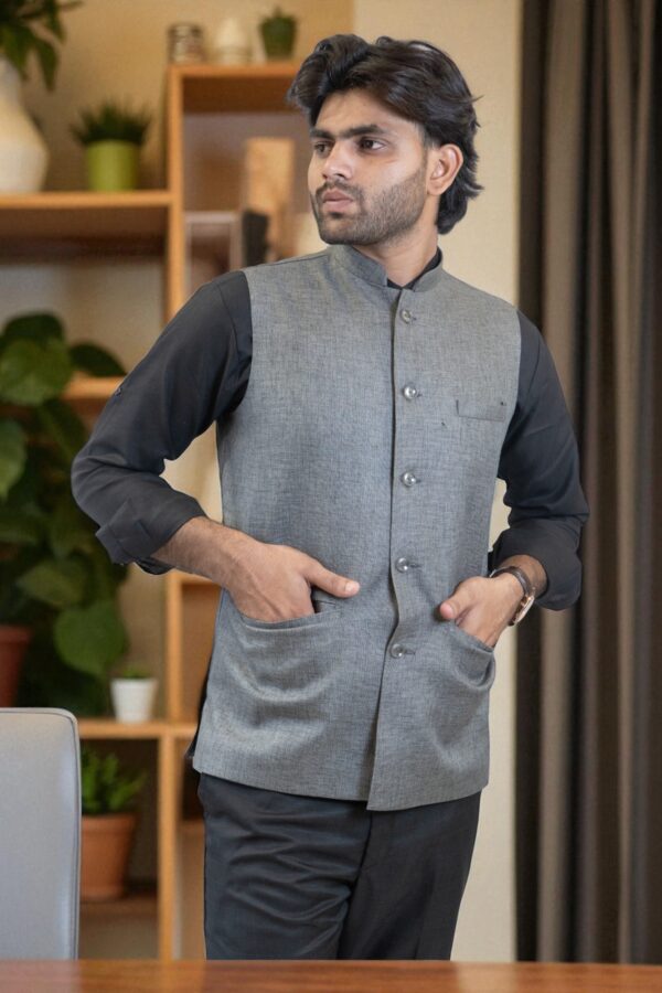 Silver Grey Nehru Jacket for men made from linen-cotton fabric - Image 3