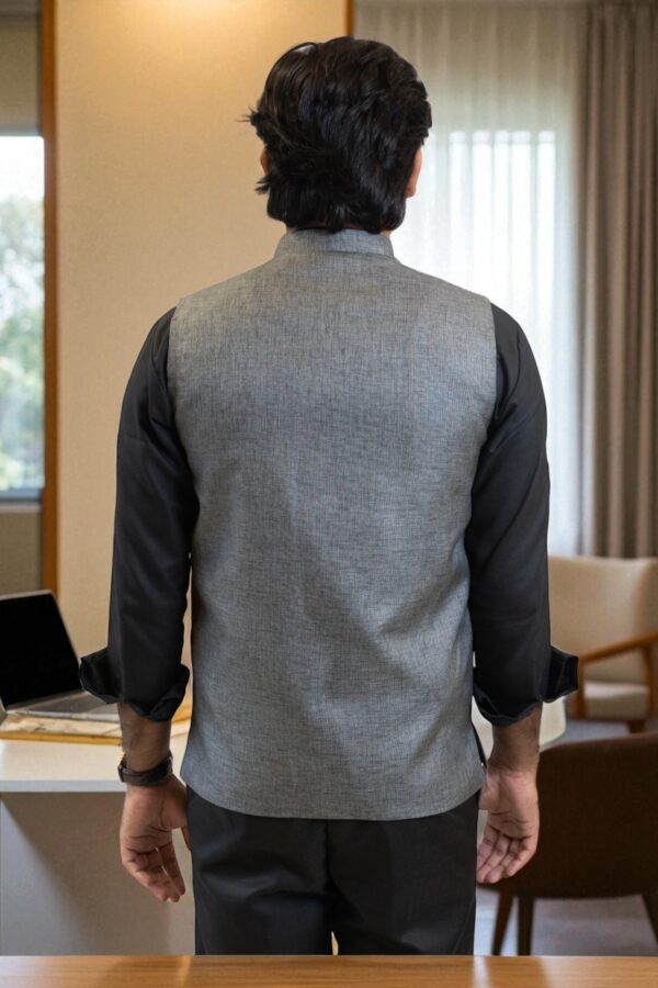 Silver Grey Nehru Jacket for men made from linen-cotton fabric - Image 4