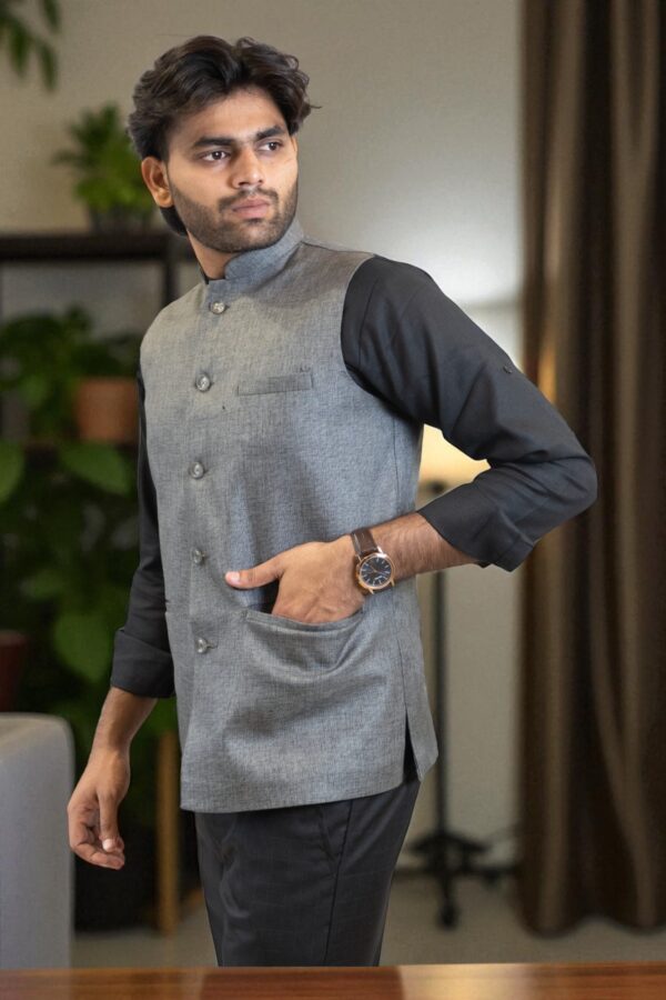 Silver Grey Nehru Jacket for men made from linen-cotton fabric - Image 5
