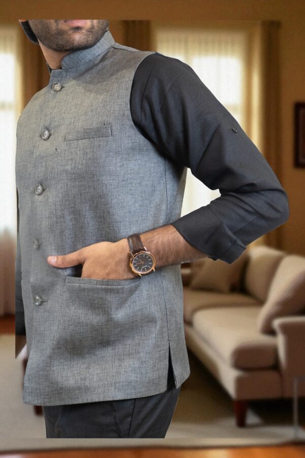 Silver Grey Nehru Jacket for men made from linen-cotton fabric - Image 6