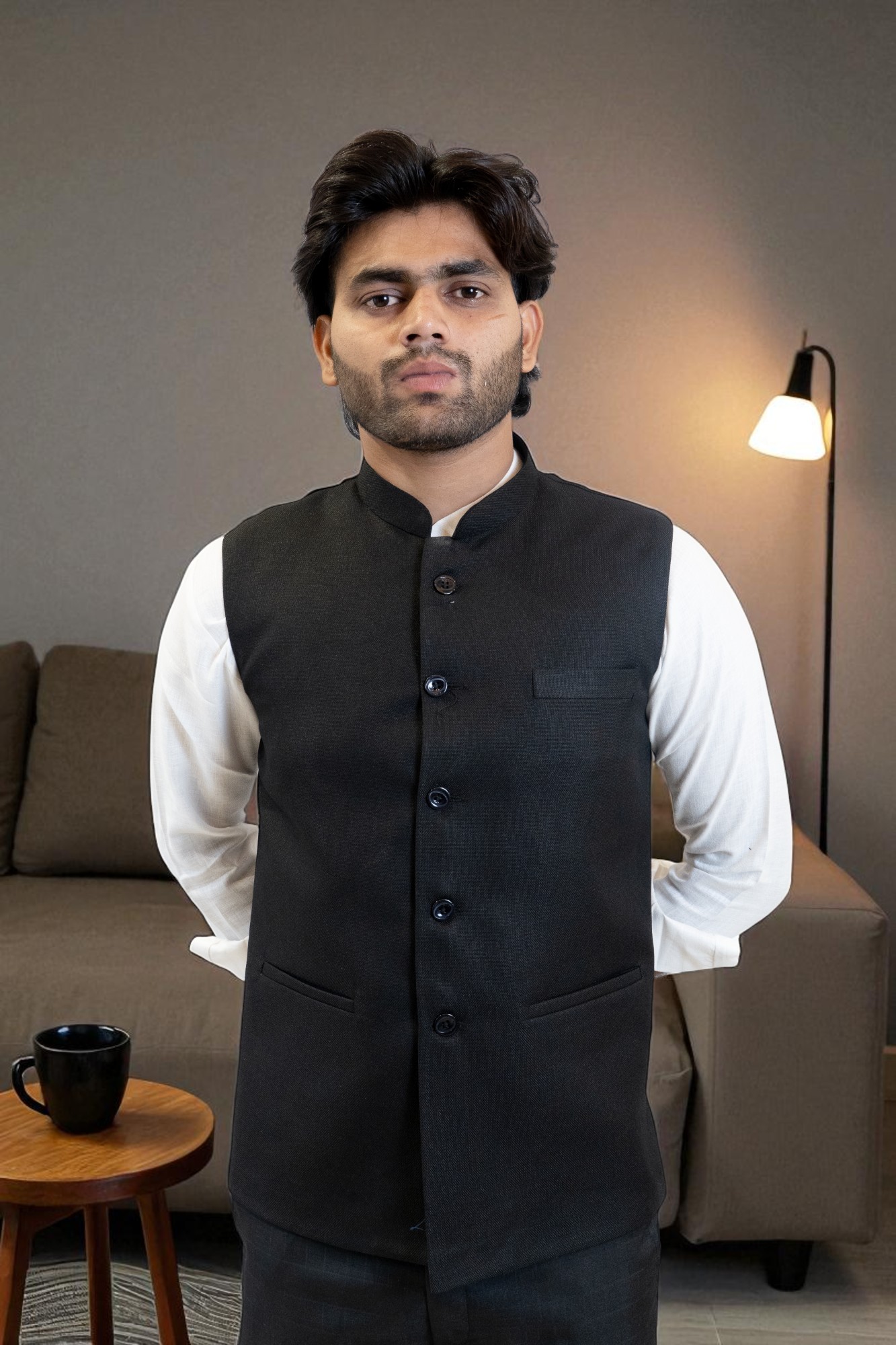 Black Mandarin Collar Nehru Jacket for men in linen fabric