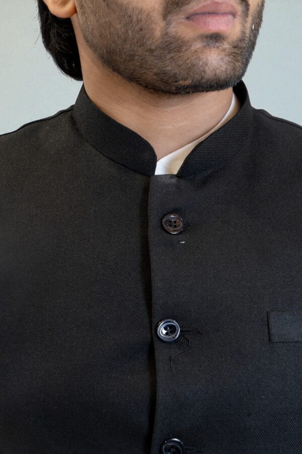 Black Mandarin Collar Nehru Jacket for men in linen fabric - Image 2