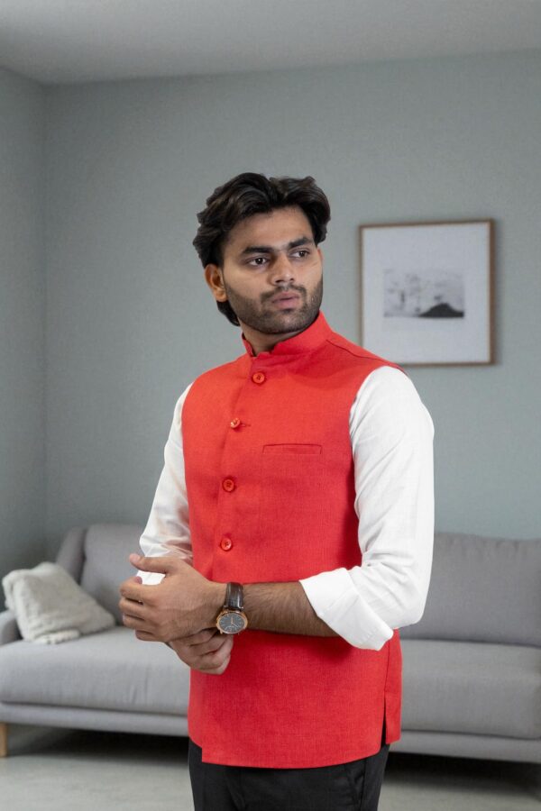 Red Nehru Jacket for Men (Linen & Cotton) - Image 6