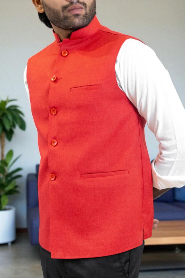 Red Nehru Jacket for Men (Linen & Cotton) - Image 4