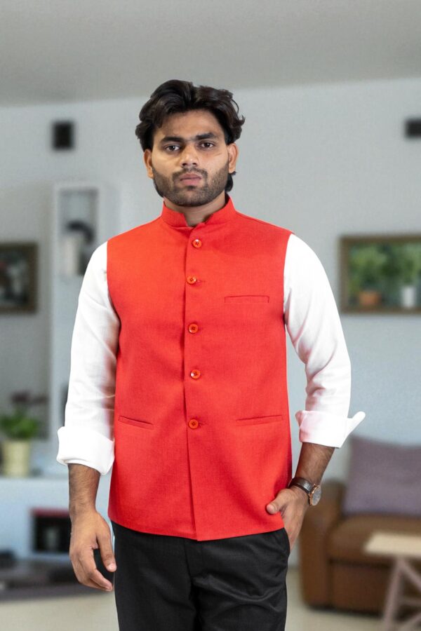 Red Nehru Jacket for Men (Linen & Cotton)