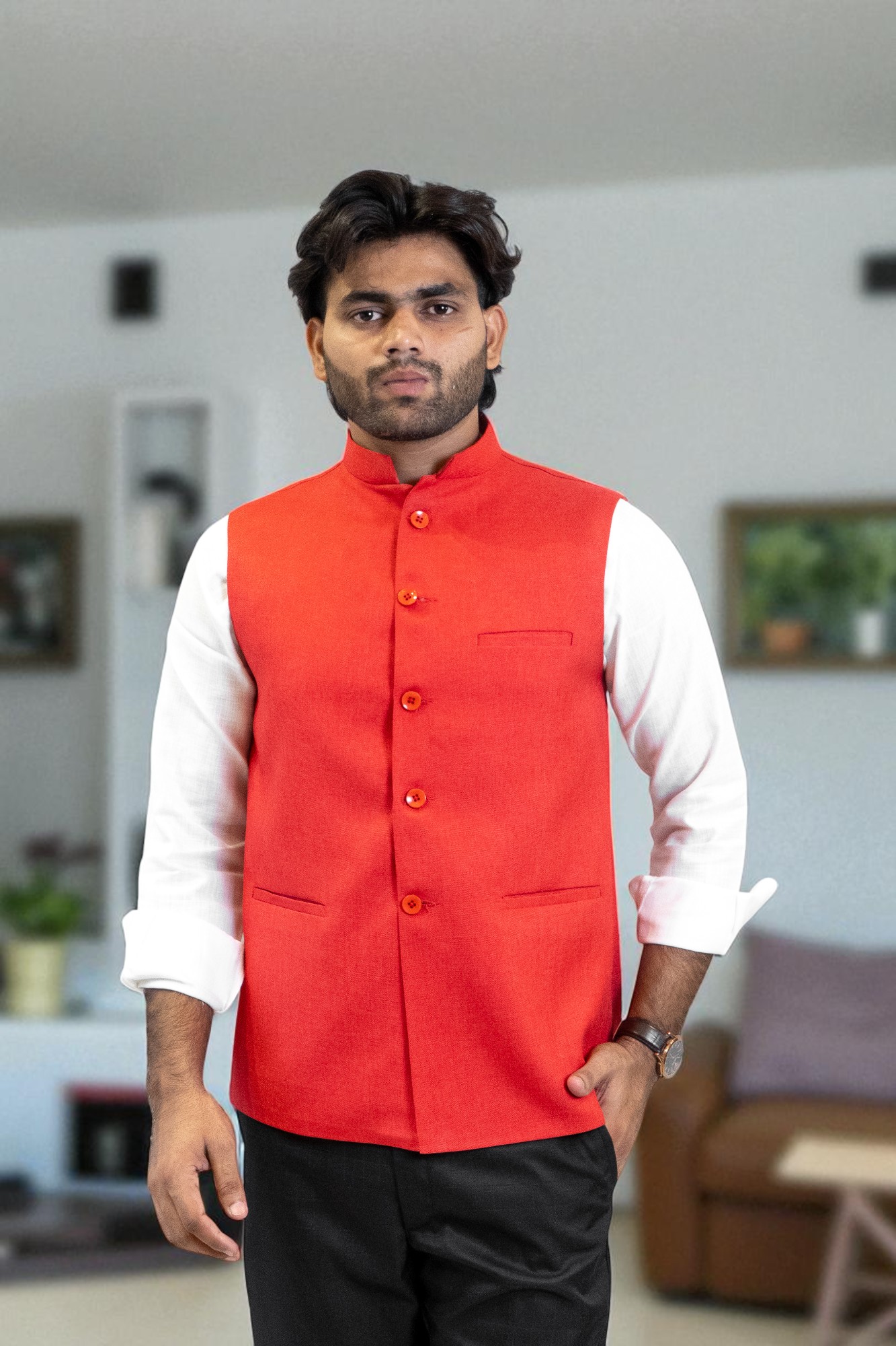 Red Nehru Jacket for Men (Linen & Cotton)