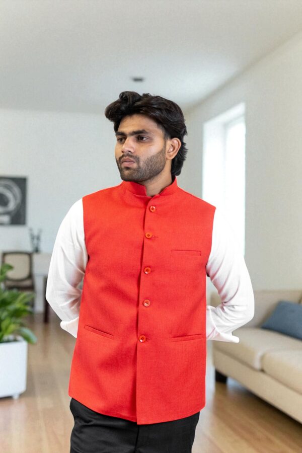 Red Nehru Jacket for Men (Linen & Cotton) - Image 3