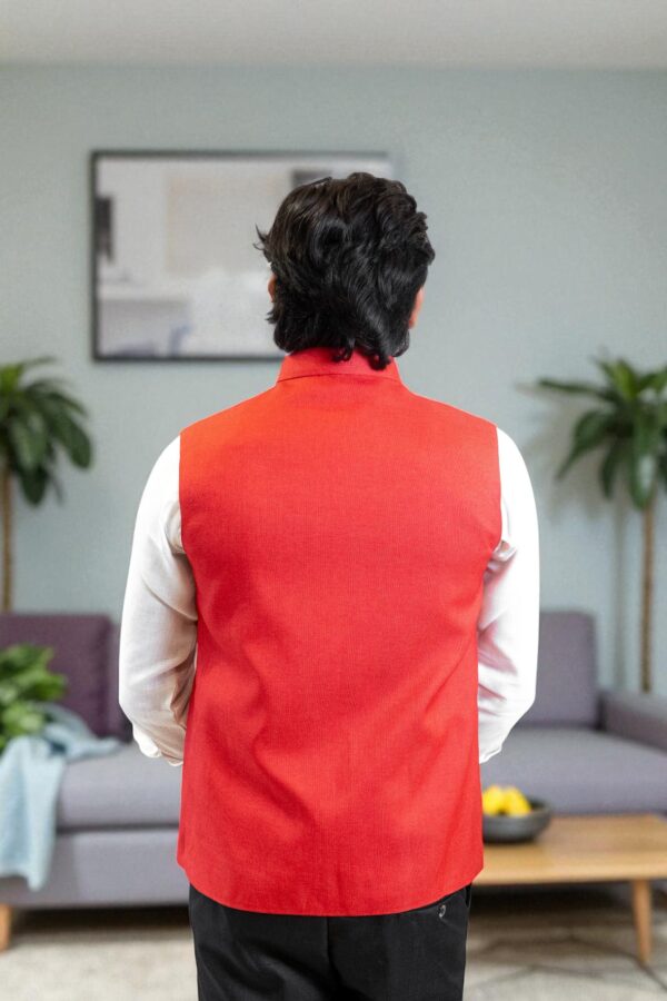 Red Nehru Jacket for Men (Linen & Cotton) - Image 2