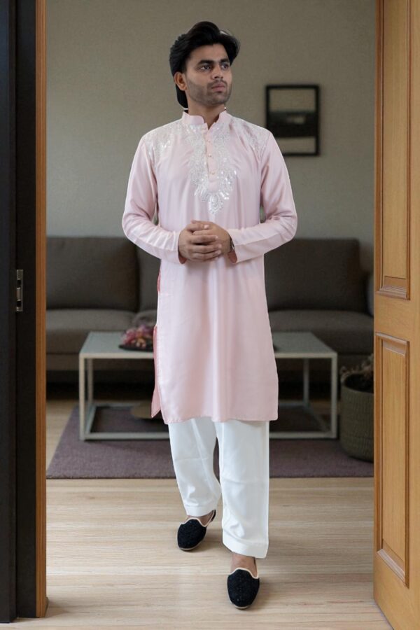 pink cotton silk kurta pajama for men - Image 3