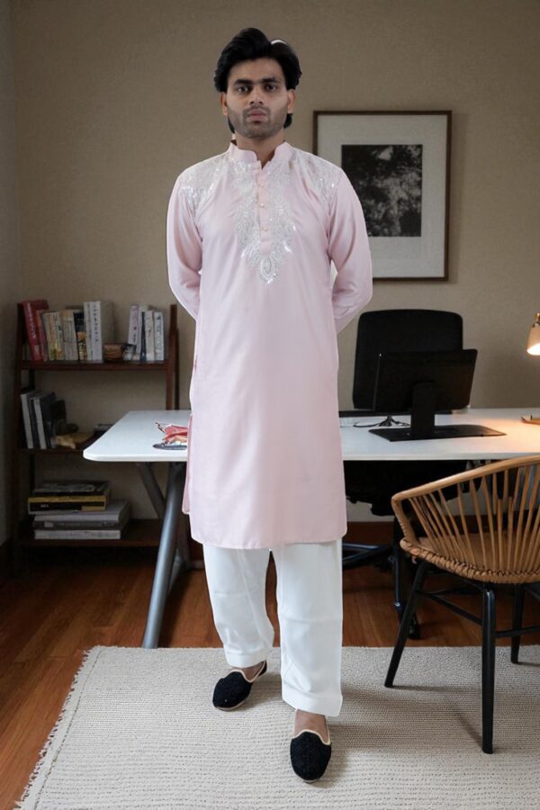 pink cotton silk kurta pajama for men - Image 2