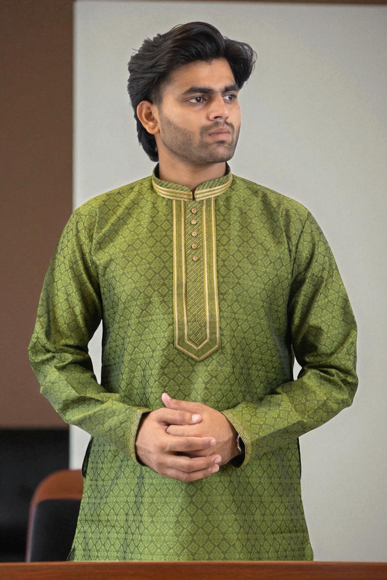 Mehndi Color Banarasi Silk Kurta Pajama for men