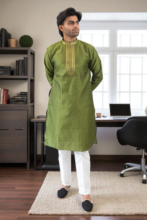 Mehndi Color Banarasi Silk Kurta Pajama for men - Image 2