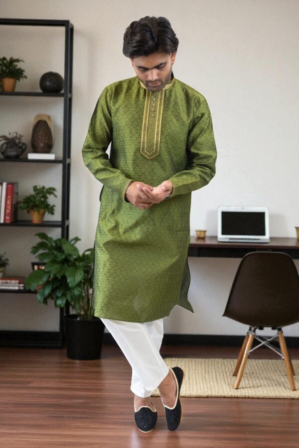 Mehndi Color Banarasi Silk Kurta Pajama for men - Image 3