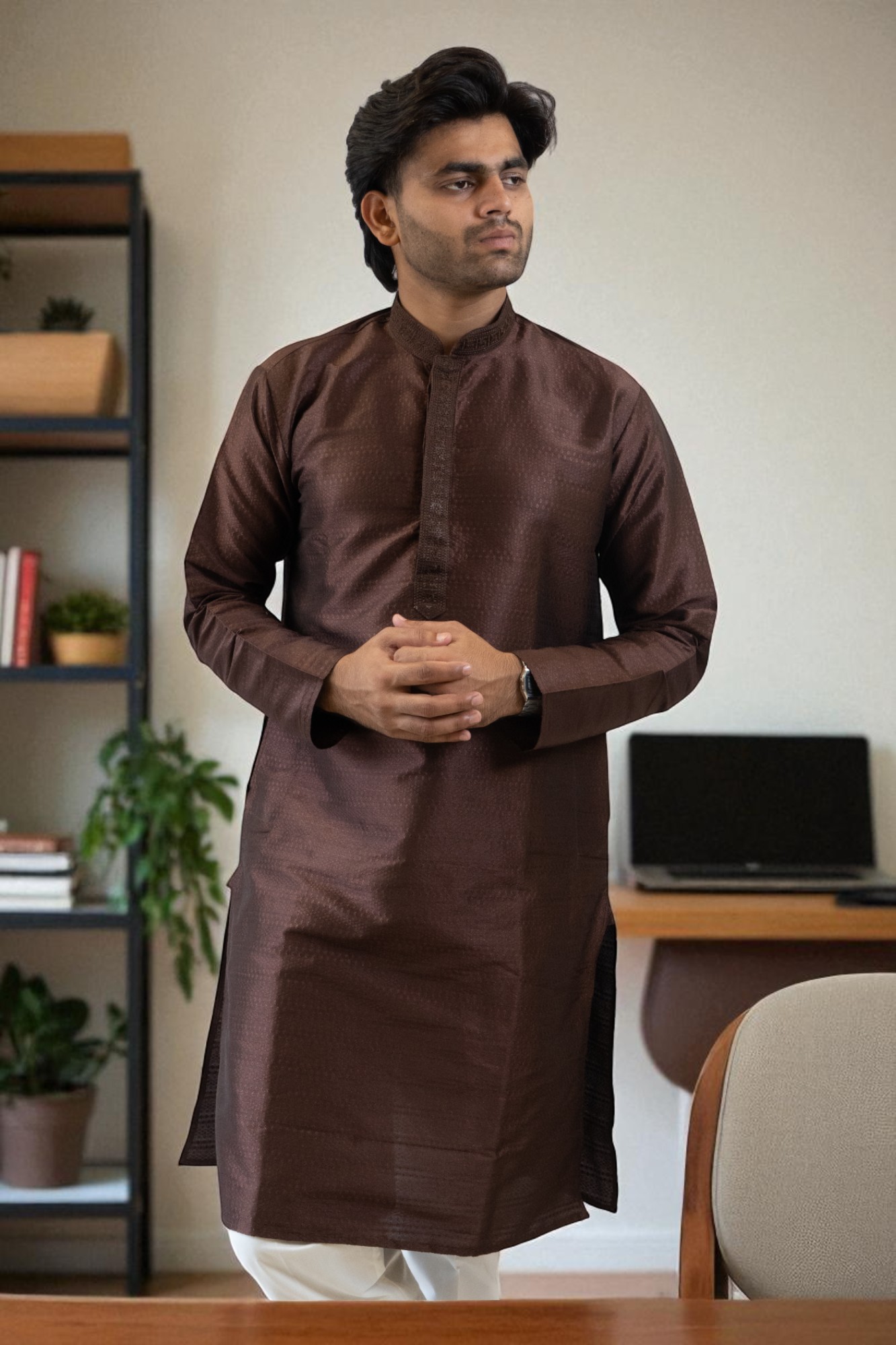 Coffee Color Fancy Silk Kurta Pajama for men