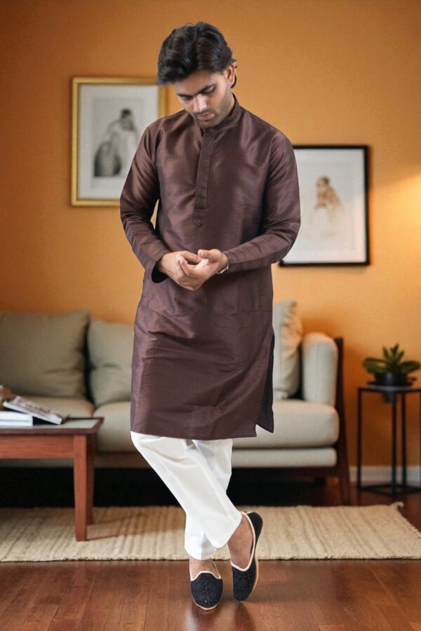 Coffee Color Fancy Silk Kurta Pajama for men - Image 2