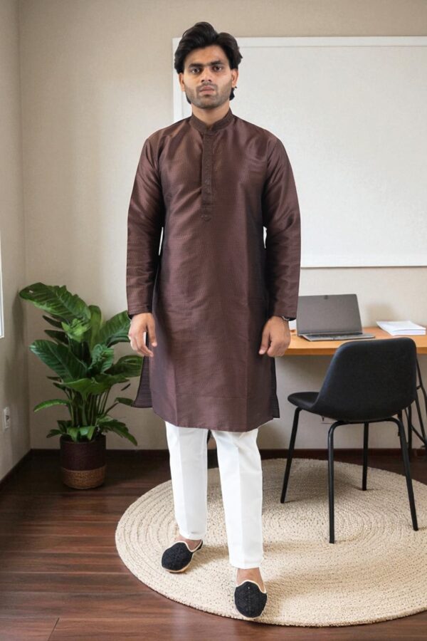 Coffee Color Fancy Silk Kurta Pajama for men - Image 3