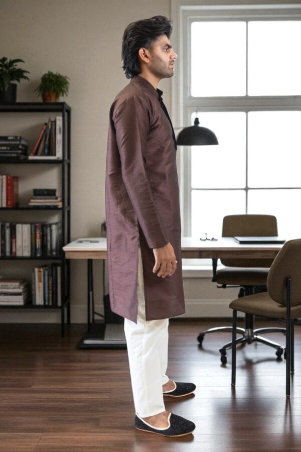 Coffee Color Fancy Silk Kurta Pajama for men - Image 4
