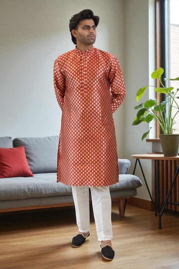 Mehroon & Gold Banarasi Silk Kurta Pajama - Image 5