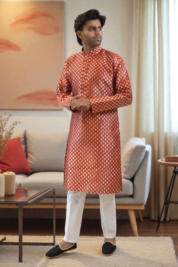 Mehroon & Gold Banarasi Silk Kurta Pajama - Image 4