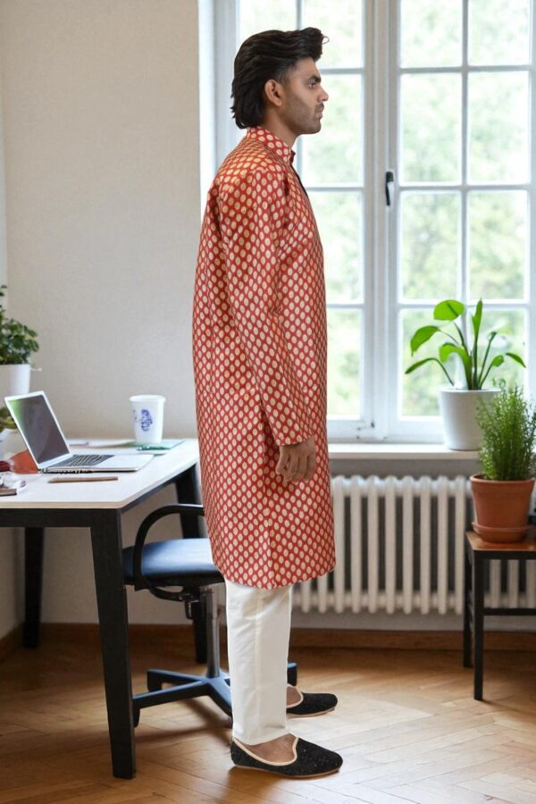 Mehroon & Gold Banarasi Silk Kurta Pajama - Image 6