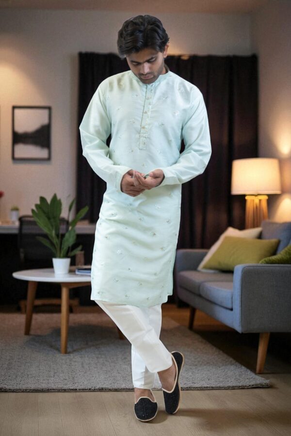 Sky Blue Fancy Silk Kurta Pajama - Image 3