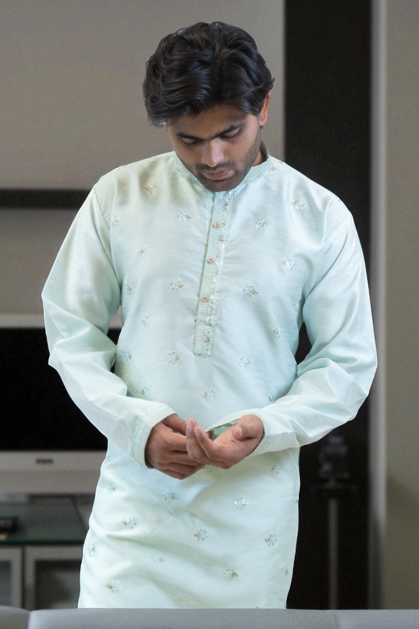 Sky Blue Fancy Silk Kurta Pajama