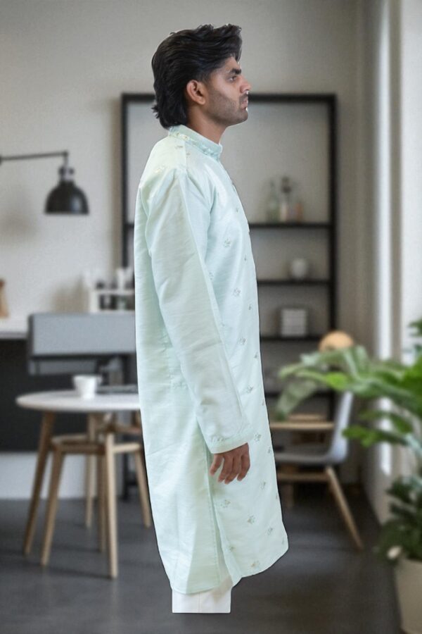Sky Blue Fancy Silk Kurta Pajama - Image 4