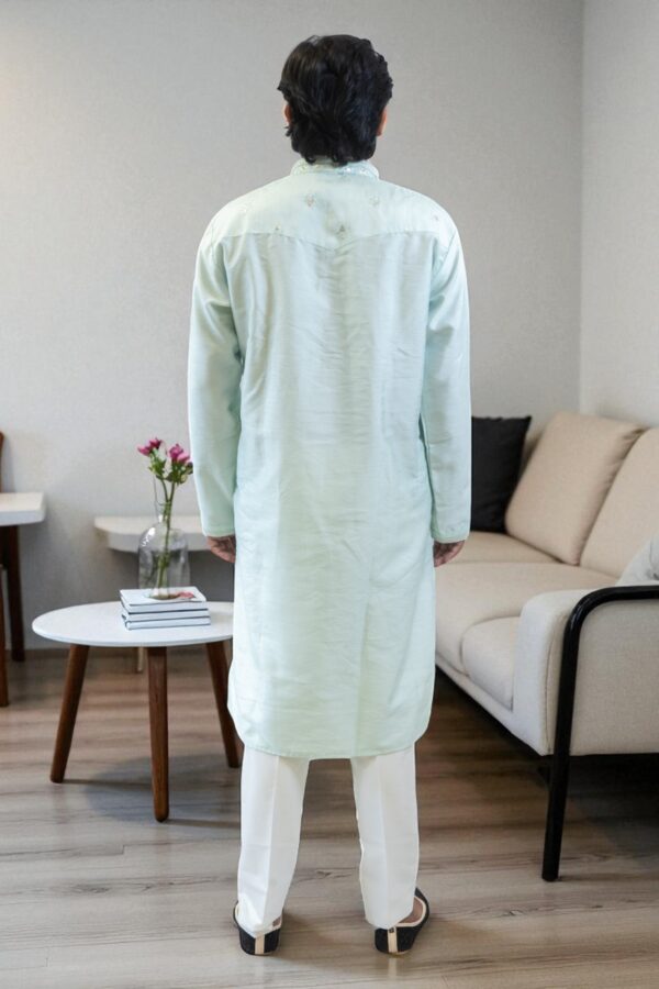 Sky Blue Fancy Silk Kurta Pajama - Image 5