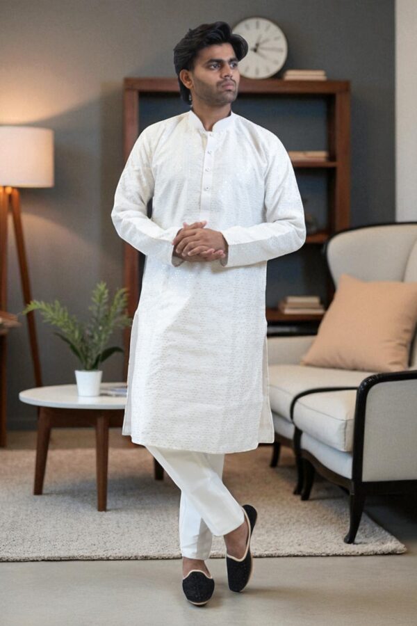 off white sequin kurta pajama set - Image 2