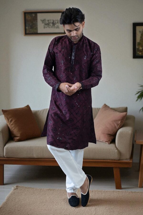 wine color fancy silk kurta pajama set