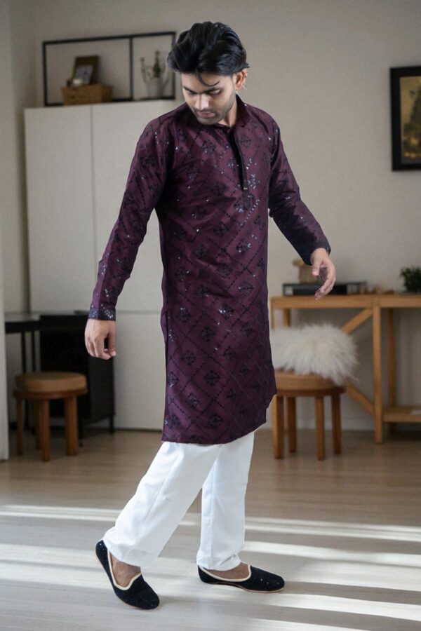 wine color fancy silk kurta pajama set - Image 5